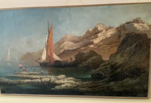 Bateau et pêcheurs au pied de la falaise, école française fin 19e - Napoléon III
