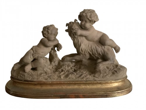 Terre cuite Bacchus enfant chevauchant un bouc, ( d’après clodion)