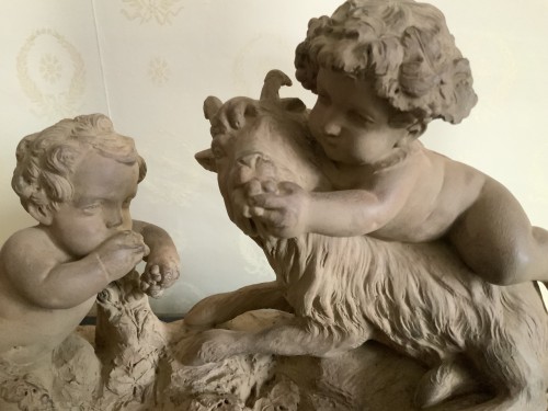 Terre cuite Bacchus enfant chevauchant un bouc, ( d’après clodion) - Sculpture Style Napoléon III