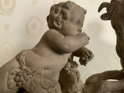 XIXe siècle - Terre cuite Bacchus enfant chevauchant un bouc, ( d’après clodion)