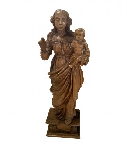 Vierge à l’enfant XVIIe en chêne sculpté en ronde bosse