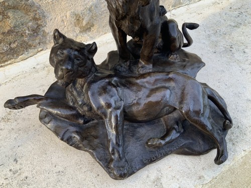 Léon Bureau (1866-1906) - Lion et Lionne sur un rocher - Sculpture Style Art nouveau