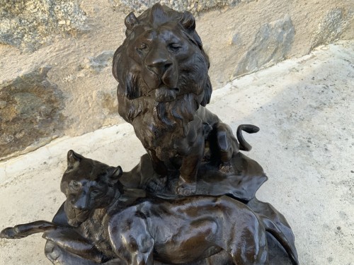 Léon Bureau (1866-1906) - Lion et Lionne sur un rocher - Danièle Fontaine Antiquaire
