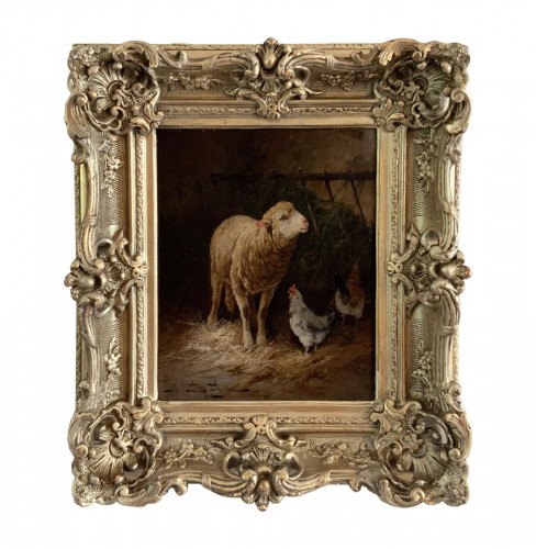 Mouton et poules dans la bergerie - Jules Bahieu (1847-1916)