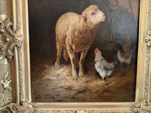 Mouton et poules dans la bergerie - Jules Bahieu (1847-1916) - Tableaux et dessins Style Napoléon III