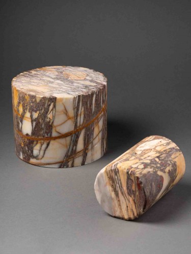 Curiosities  - Two cylindrical colored marble specimens - Breccia Skyros Marble or Setteba