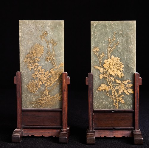Paire de plaque de Jade Vert, Chine 18e 19e siècle - Arts d