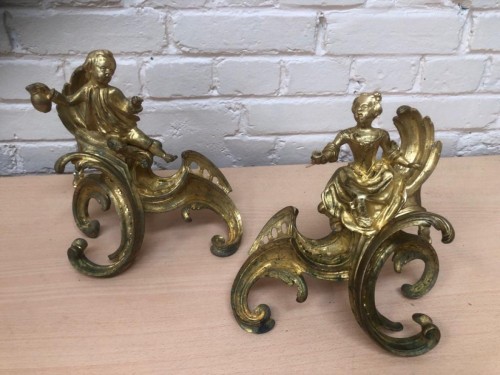 Pair of Louis XV ormolu andirons &quot;aux buveurs&quot; - Architectural & Garden Style Louis XV