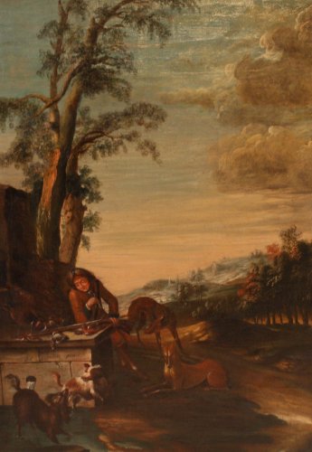 Retour de chasse à la Fontaine - Courtois jean Pierre (1621-1676)