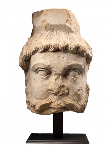 Romanesque Limestone Head of a Bearded Man