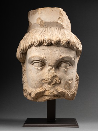 Romanesque Limestone Head of a Bearded Man - Sculpture Style Middle age