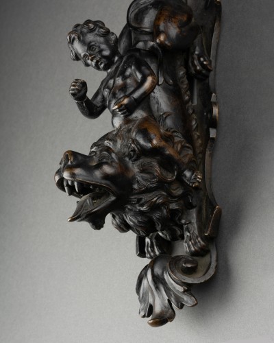  - Flemish bronze fitting, Putto on a lion