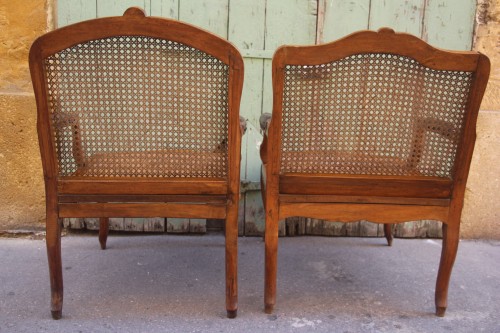 Antiquités - Pair of Louis XV caned armchairs, one stamped Antoine Bonnemain