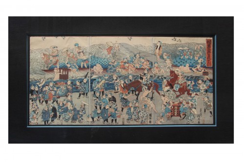 Children's games, Japanese print in triptych, late 18th century