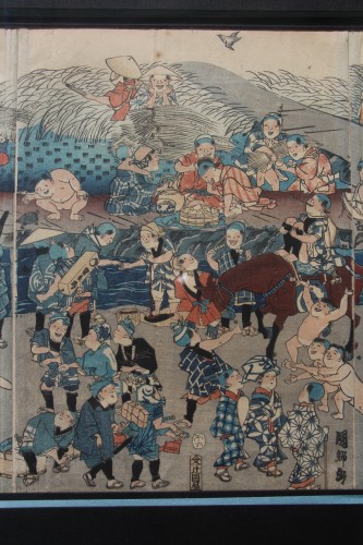 XVIIIe siècle - Les jeux d'enfants, estampe japonaise en triptyque fin XVIIIe