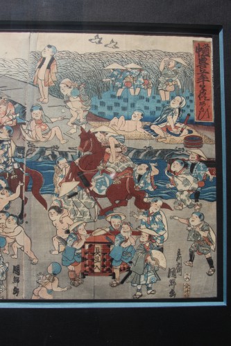 Les jeux d'enfants, estampe japonaise en triptyque fin XVIIIe - 