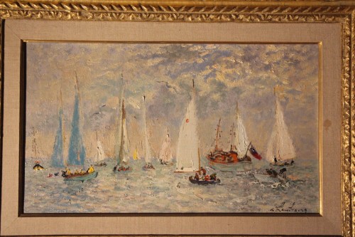 Yachts anglais au large de Deauville, d'André Hambourg (1909-1999) - Tableaux et dessins Style Années 50-60