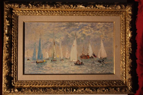 Tableaux et dessins Tableaux du XXe siècle - Yachts anglais au large de Deauville, d'André Hambourg (1909-1999)