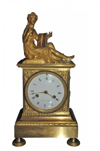 Allégorie de la poésie, pendule en bronze doré d'époque Empire