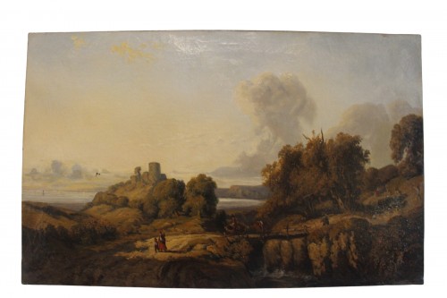Paysage animé de personnages, signé Alexandre-Gabriel Decamps (1803-1860).