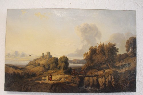Paysage animé de personnages, signé Alexandre-Gabriel Decamps (1803-1860). - Tableaux et dessins Style Louis-Philippe