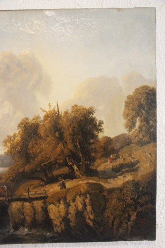 Tableaux et dessins Tableaux XIXe siècle - Paysage animé de personnages, signé Alexandre-Gabriel Decamps (1803-1860).