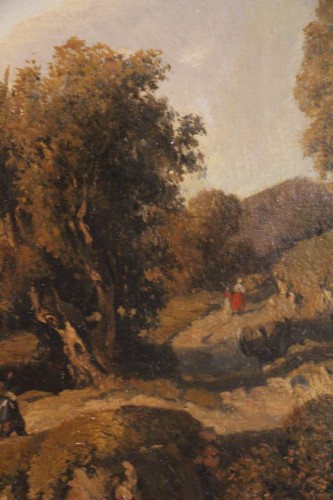 Paysage animé de personnages, signé Alexandre-Gabriel Decamps (1803-1860). - Didascalies