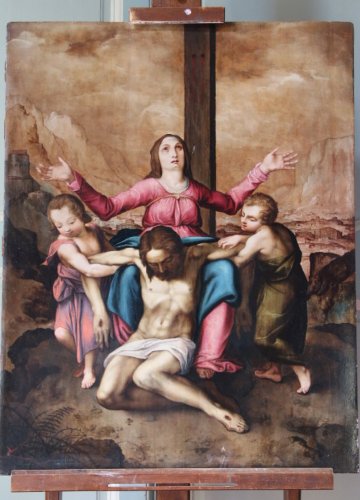 Religious painting, oil on wood panel XVIth century