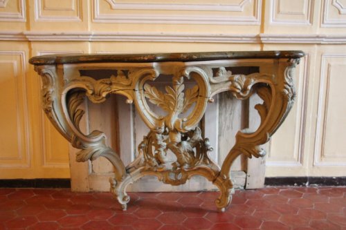 Console en bois laqué vert époque Louis XV, plateau à l'imitation du marbre - Mobilier Style Louis XV