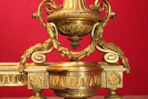 XVIIIe siècle - Paire de chenets en bronze doré, époque Louis XVI