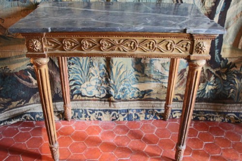 Console en bois doré, plateau marbre de turquin, époque Louis XVI - Didascalies