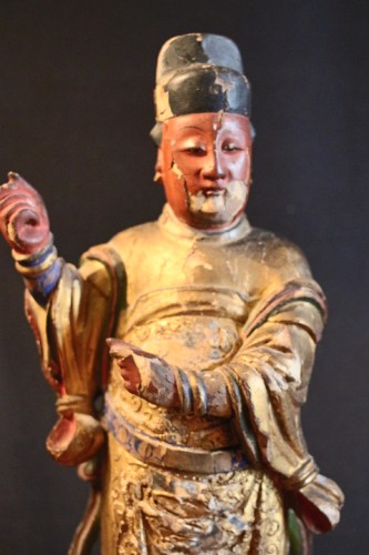 Gardien de temple en bois sculpté - Chine XVIIIe siècle - Didascalies