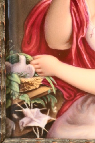 Antiquités - Jeune fille à la colombe - Plaque de porcelaine Vieux Paris