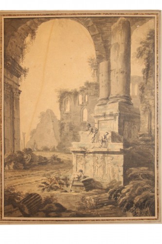 Scène de ruines animée de personnages - Dessin lavis et rehauts d'aquarelle XVIIIe siècle