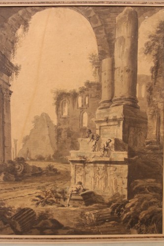 Scène de ruines animée de personnages - Dessin lavis et rehauts d'aquarelle XVIIIe siècle - Tableaux et dessins Style 