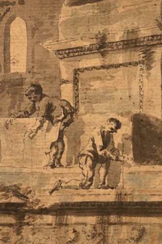 Scène de ruines animée de personnages - Dessin lavis et rehauts d'aquarelle XVIIIe siècle - Didascalies