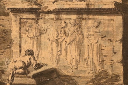 XVIIIe siècle - Scène de ruines animée de personnages - Dessin lavis et rehauts d'aquarelle XVIIIe siècle