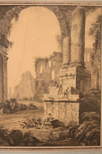 Antiquités - Scène de ruines animée de personnages - Dessin lavis et rehauts d'aquarelle XVIIIe siècle