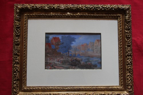 Gouache représentant un embarquement dans un port fluvial  - Ecole flamande du XVIIe, siècle - Tableaux et dessins Style Louis XIV