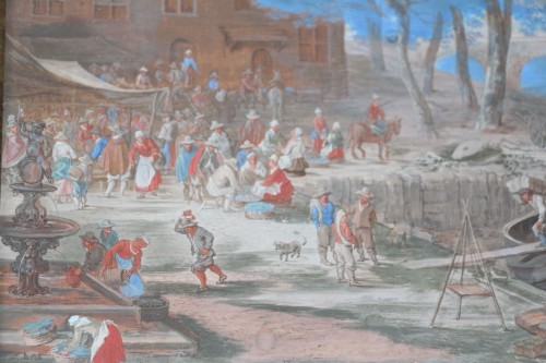 Louis XIV - Gouache représentant un embarquement dans un port fluvial  - Ecole flamande du XVIIe, siècle