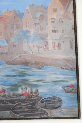 Antiquités - Gouache représentant un embarquement dans un port fluvial  - Ecole flamande du XVIIe, siècle