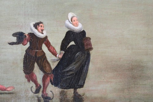 Antiquités - Patineurs sur un lac gelé - École Hollandaise de la fin du XVIe siècle