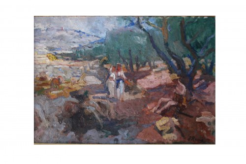 Paysage provençal animé de personnages - Jean Roque (1880-1925)