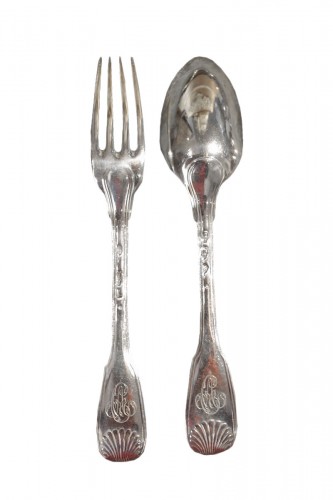 Set of eight large cutlery with the monogram AC in solid silver, Paris 18th century