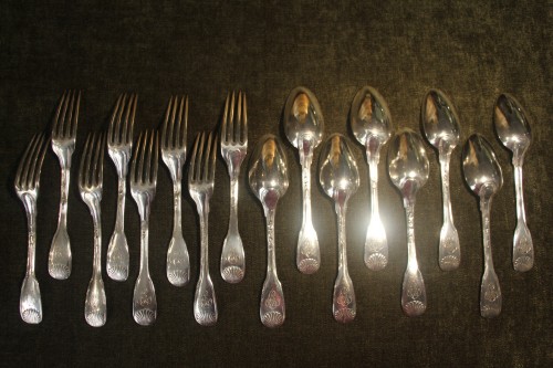 Set of eight large cutlery with the monogram AC in solid silver, Paris 18th century - silverware & tableware Style Louis XV