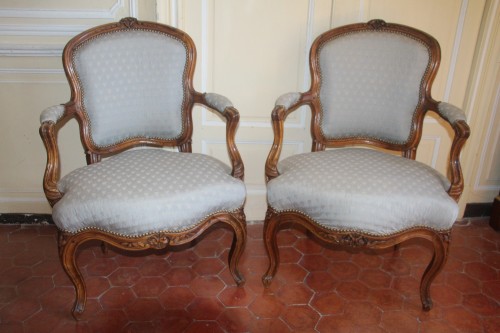 Paire de fauteuils en cabriolets vers 1755, attribués à Pierre Nogaret - Didascalies