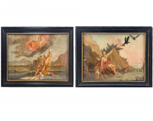 Two paintings on glass (verre églomisé)-XVII/XVIII-The history of Elijah