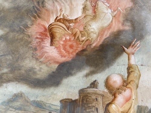 Antiquités - L'histoire de la vie du prophète Elie - Verre églomisé17e/18e siècle