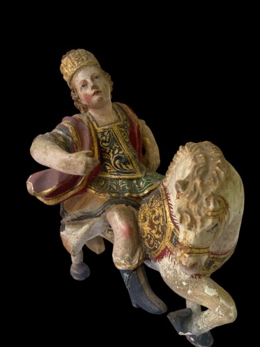 Art sacré, objets religieux  - St. Longinus, petite sculpture polychrome en bois  XVII/XVIIIe - Hispano/Flamenco  St. Longin