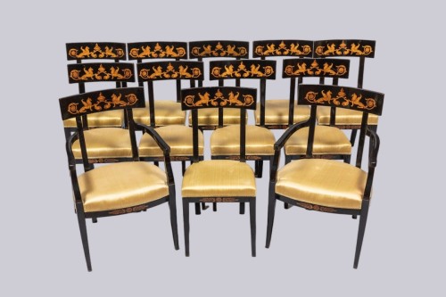A set of ten Biedermeier chairs and two armchairs, circa 1825/30 - Seating Style Restauration - Charles X